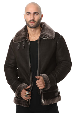 Image of Men's Shearling Aviator Jacket, Washed Brown with Brissa Wool