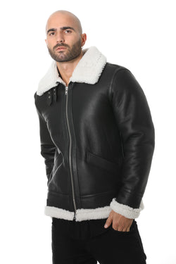 Image of Men's Shearling Aviator Jacket, Silky Black with White Curly Wool