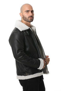 Image of Men's Shearling Aviator Jacket, Silky Black with White Curly Wool