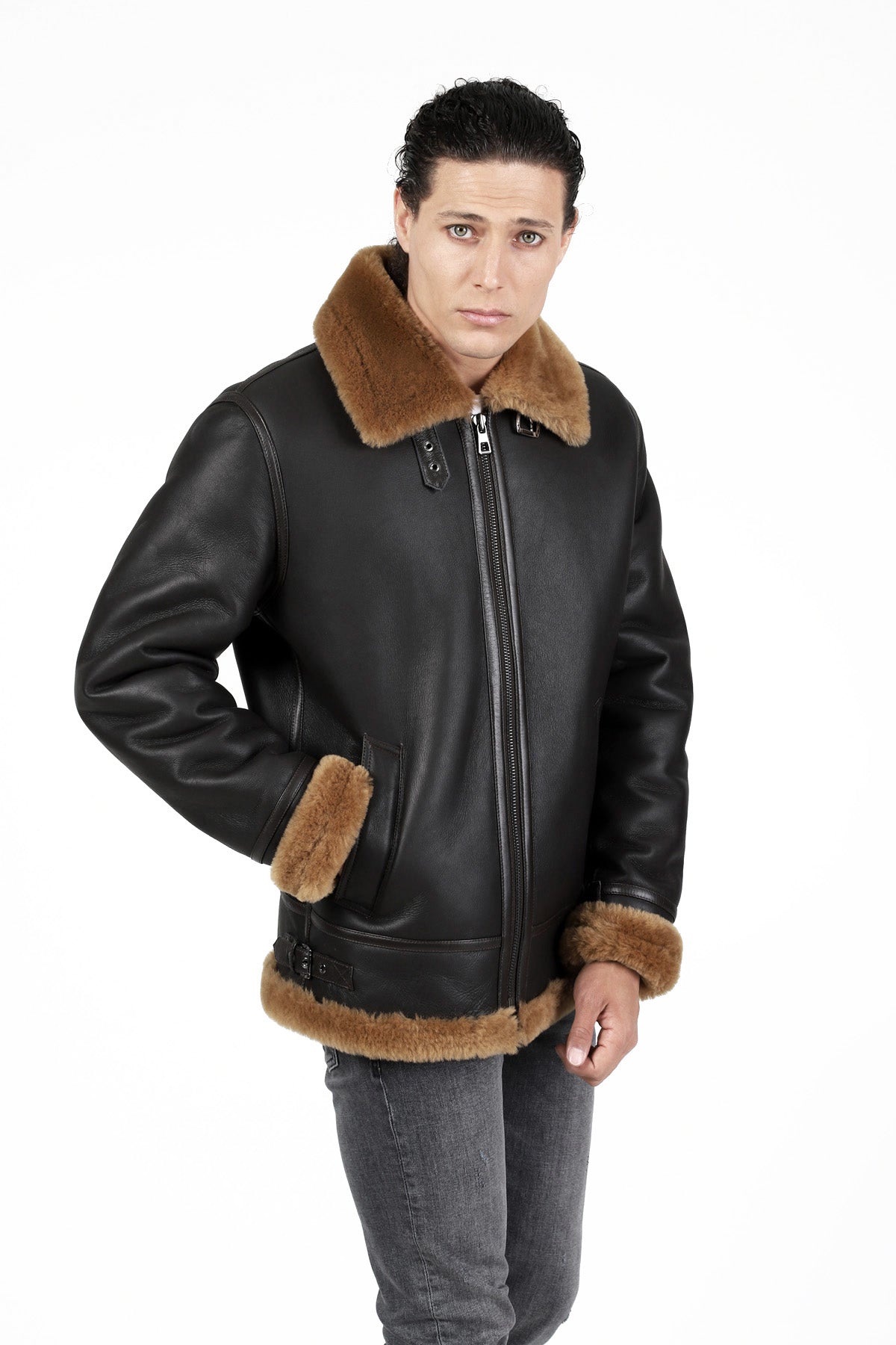 Men's Shearling Aviator Jacket, Silky Brown with Ginger Wool