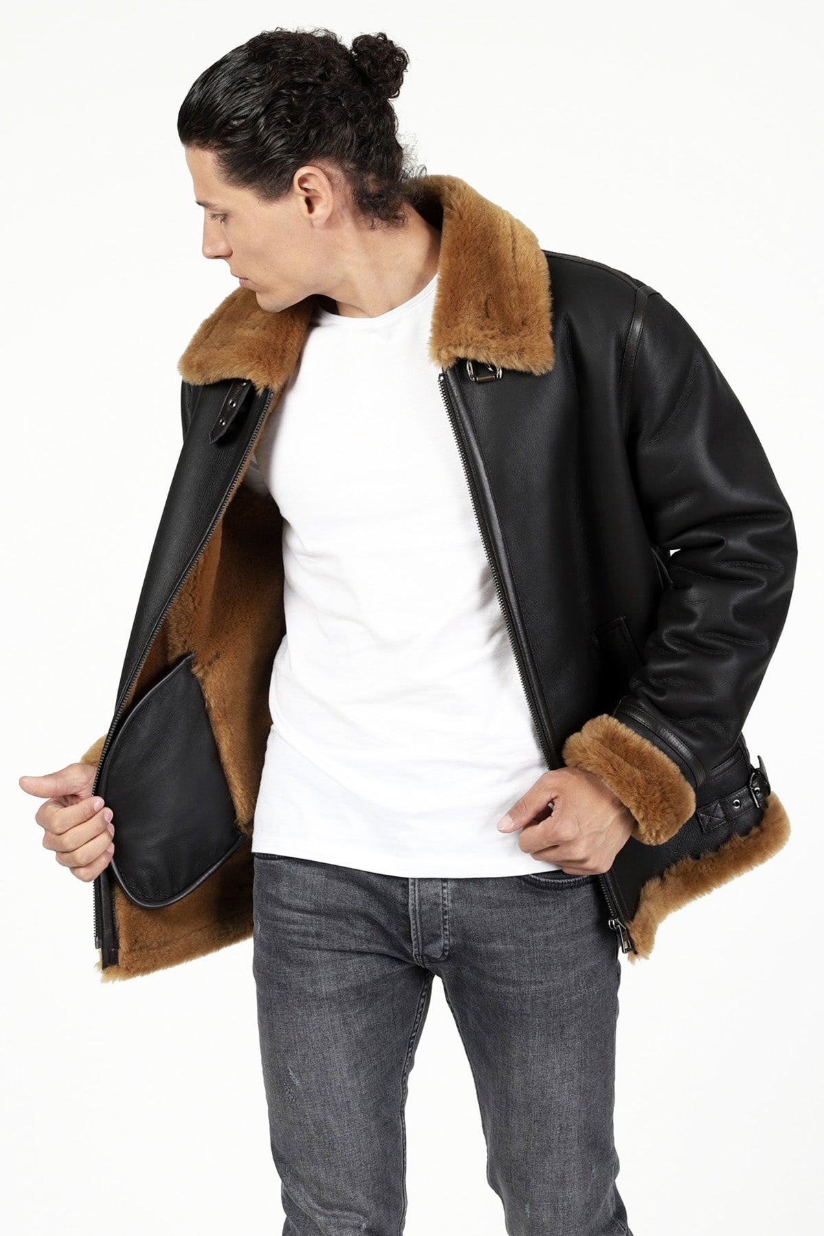 Men's Shearling Aviator Jacket, Silky Brown with Ginger Wool