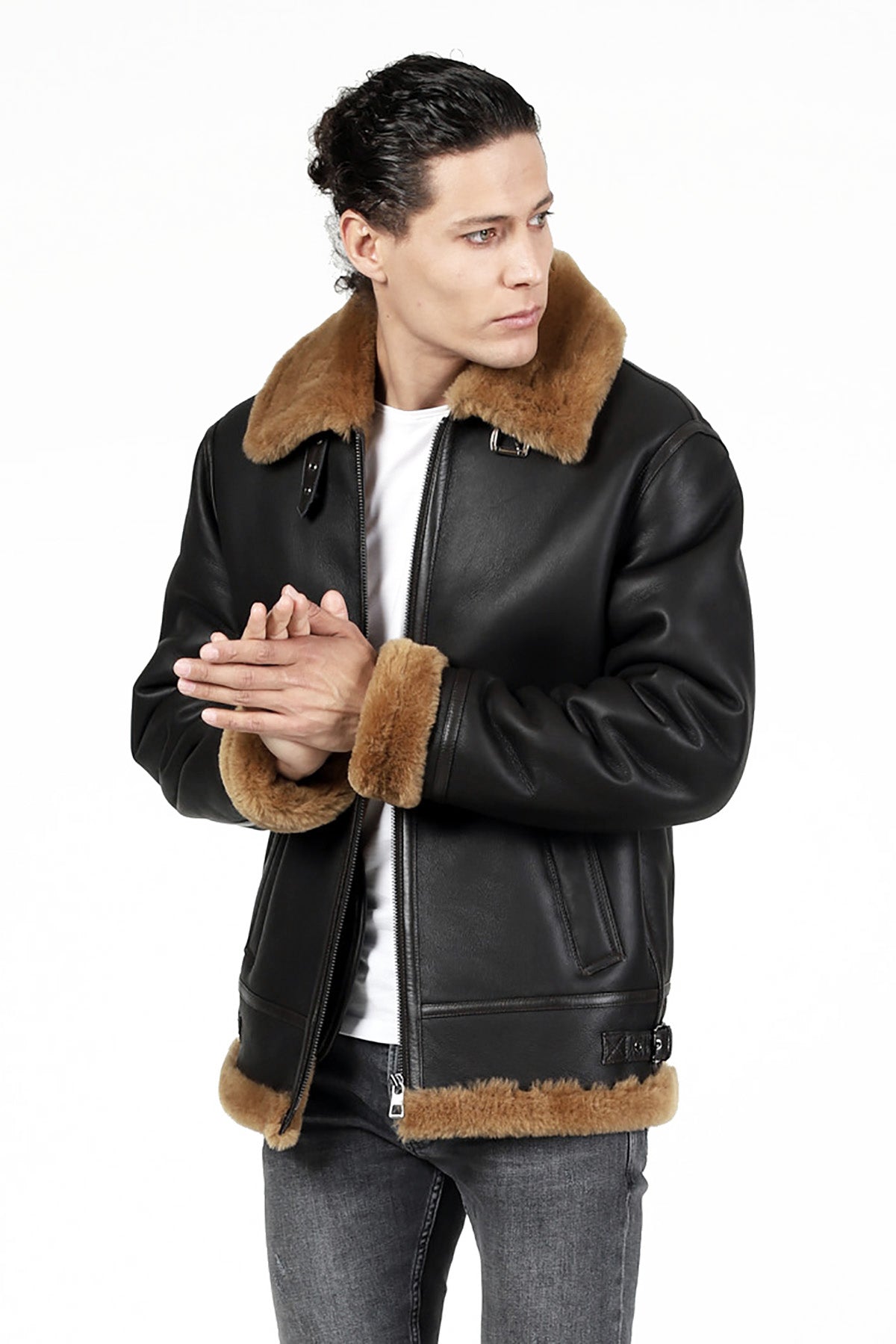 Men's Shearling Aviator Jacket, Silky Brown with Ginger Wool