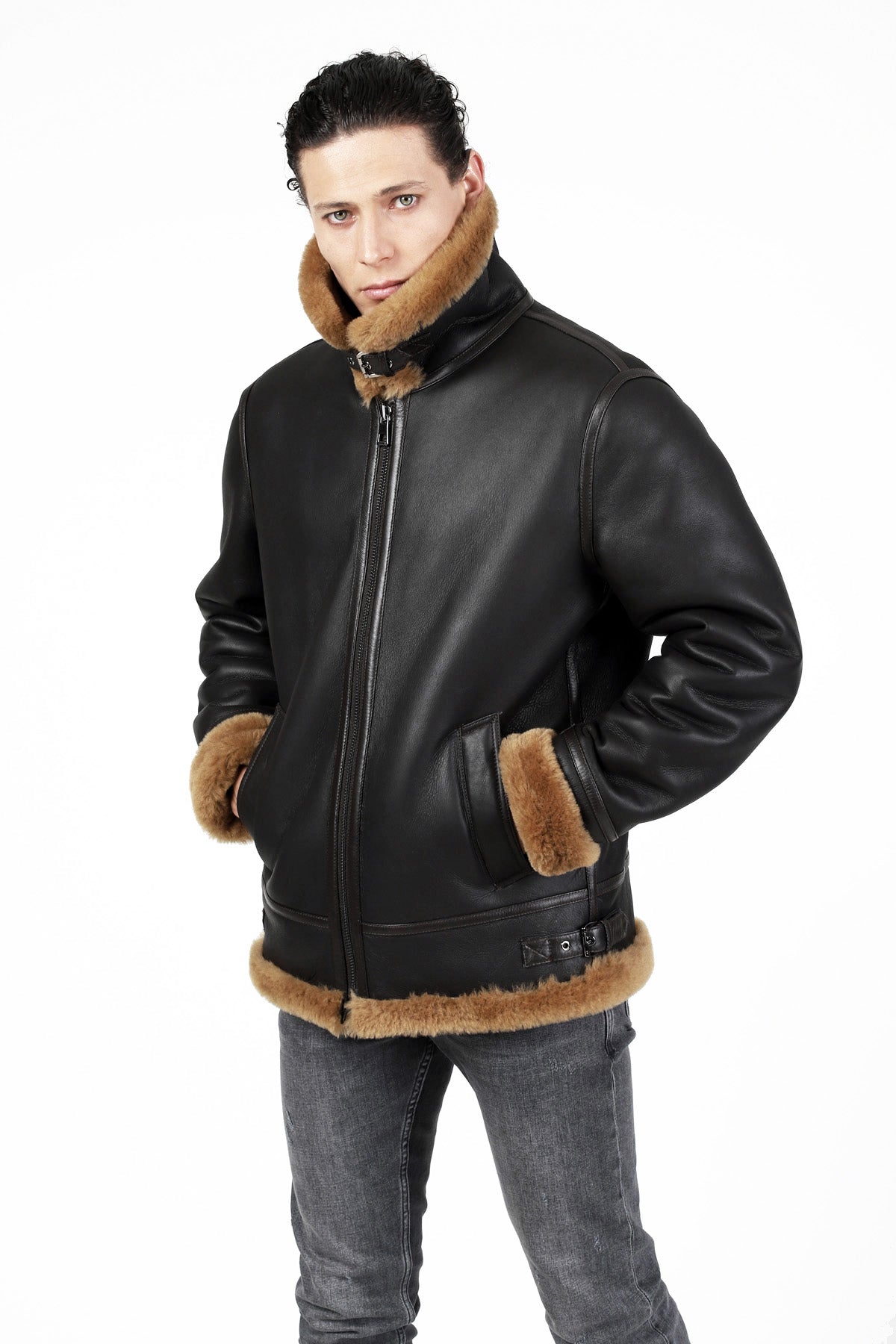 Men's Shearling Aviator Jacket, Silky Brown with Ginger Wool