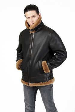 Image of Men's Shearling Aviator Jacket, Silky Brown with Ginger Wool