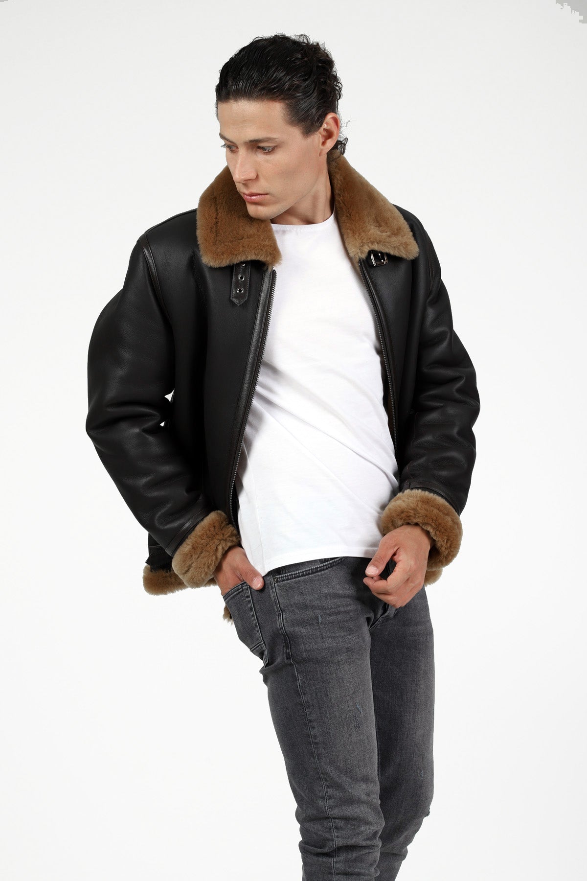 Men's Shearling Aviator Jacket, Silky Brown with Ginger Wool