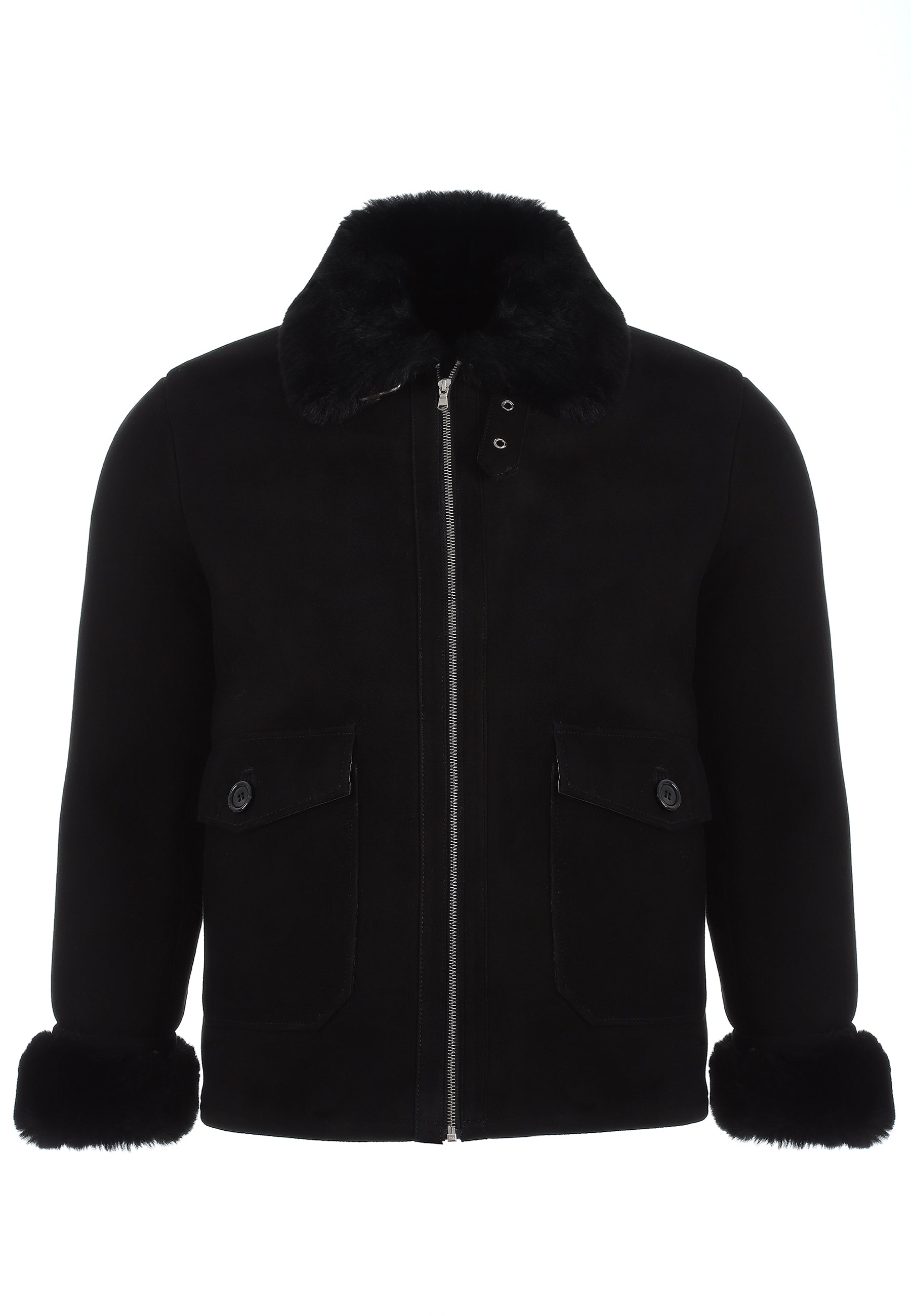 Men's Sheepskin Bomber Jacket, Black Suede with Black Wool