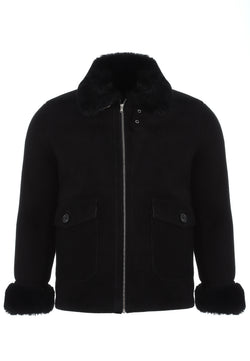 Image of Men's Sheepskin Bomber Jacket, Black Suede with Black Wool