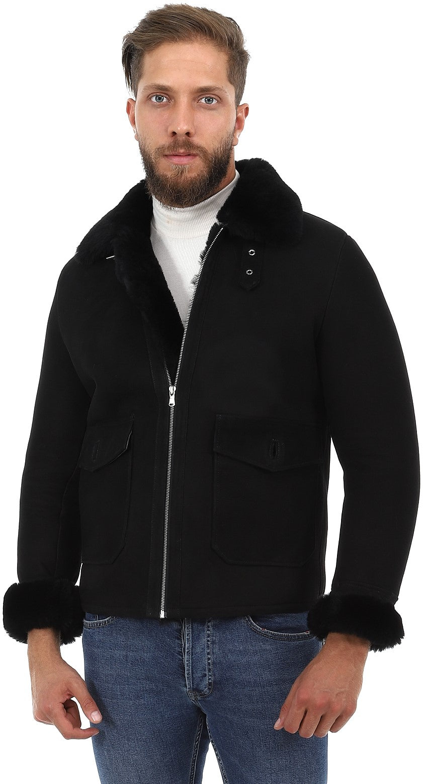 Men's Sheepskin Bomber Jacket, Black Suede with Black Wool