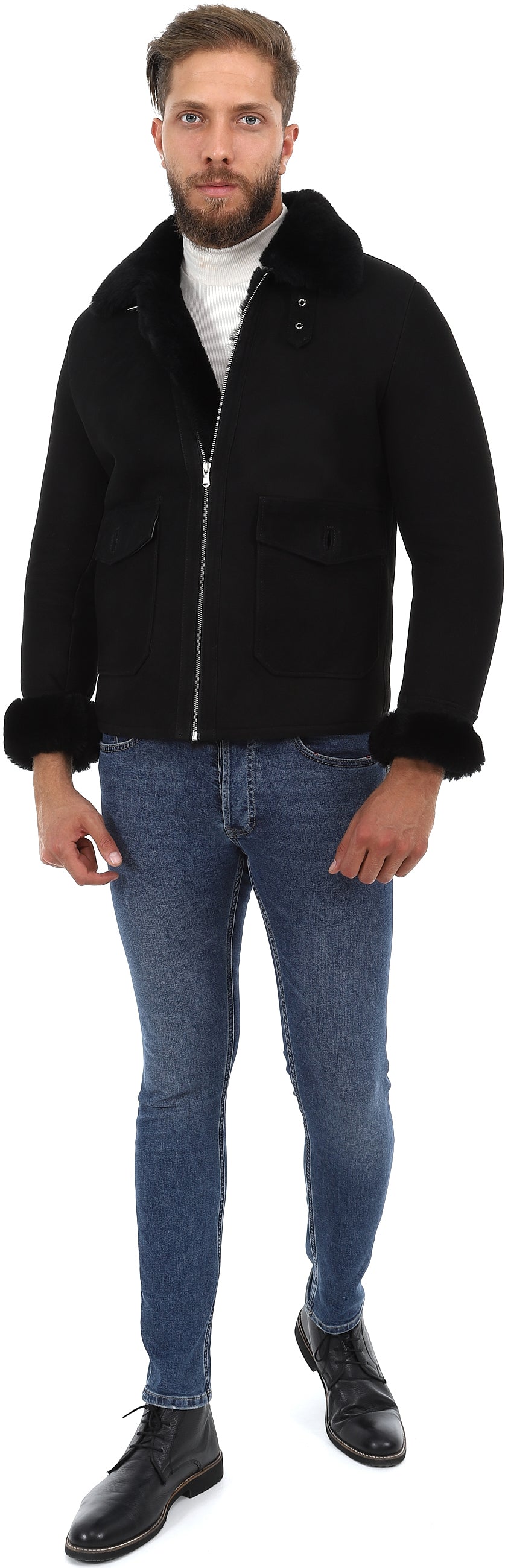 Men's Sheepskin Bomber Jacket, Black Suede with Black Wool