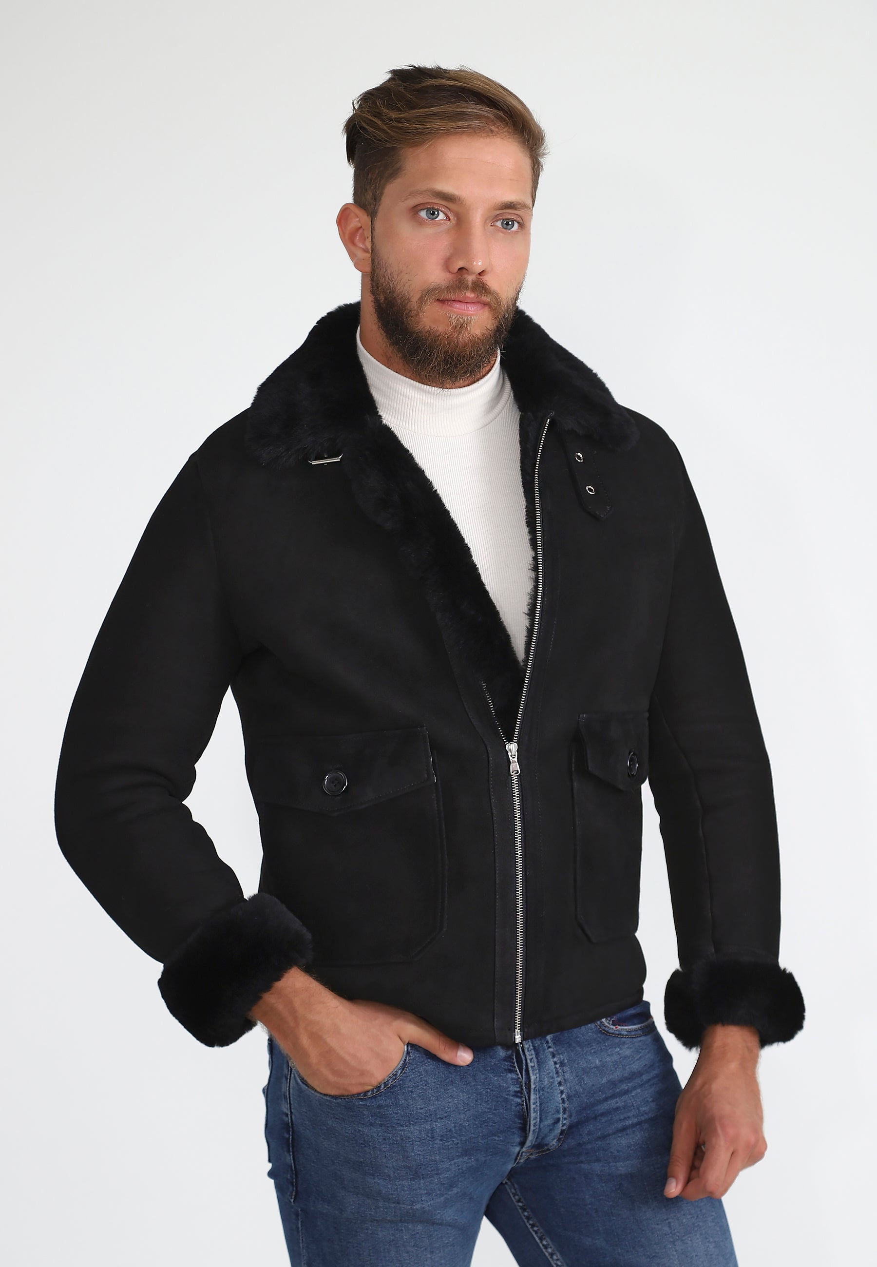 Men's Sheepskin Bomber Jacket, Black Suede with Black Wool