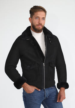 Image of Men's Sheepskin Bomber Jacket, Black Suede with Black Wool