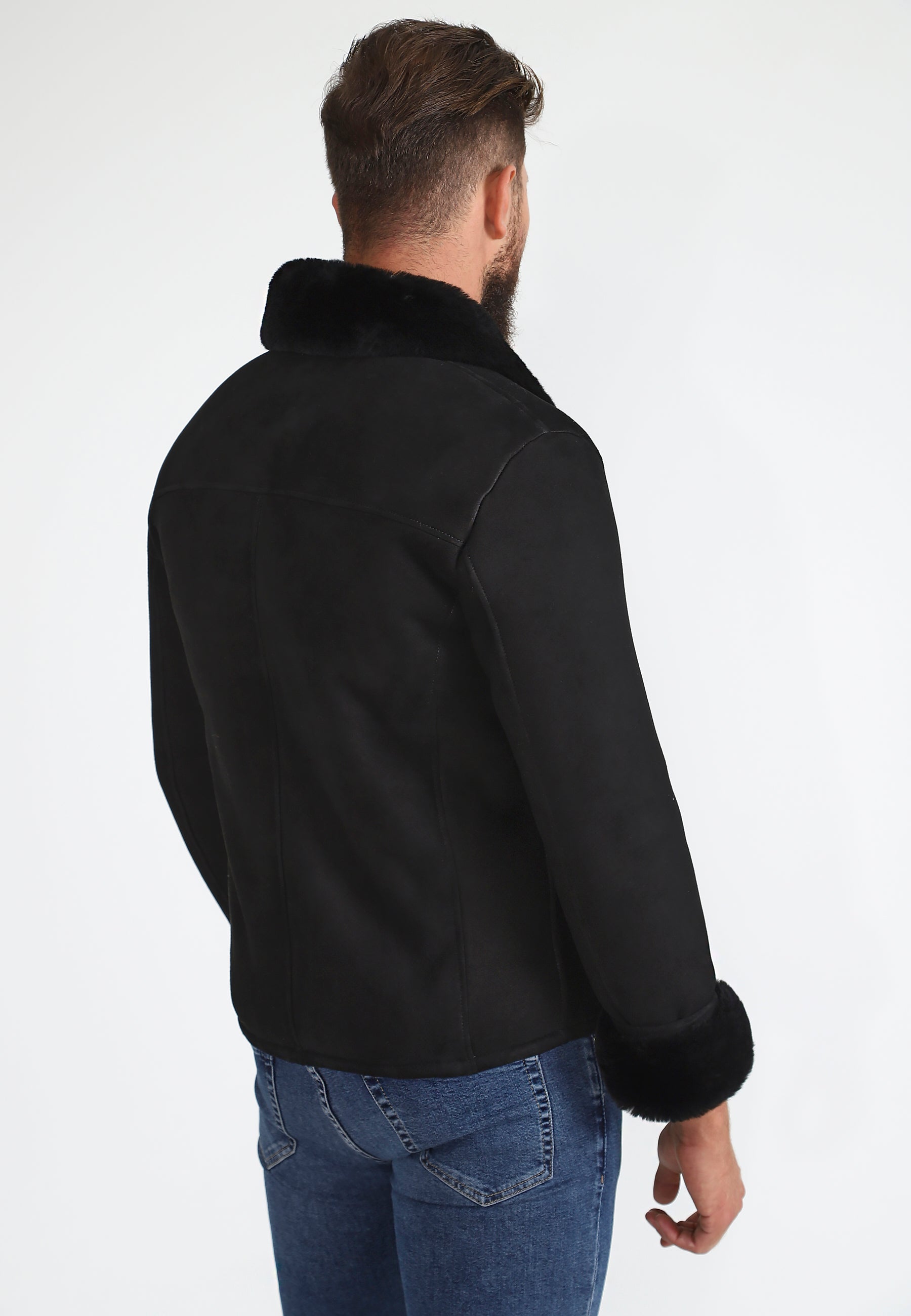 Men's Sheepskin Bomber Jacket, Black Suede with Black Wool