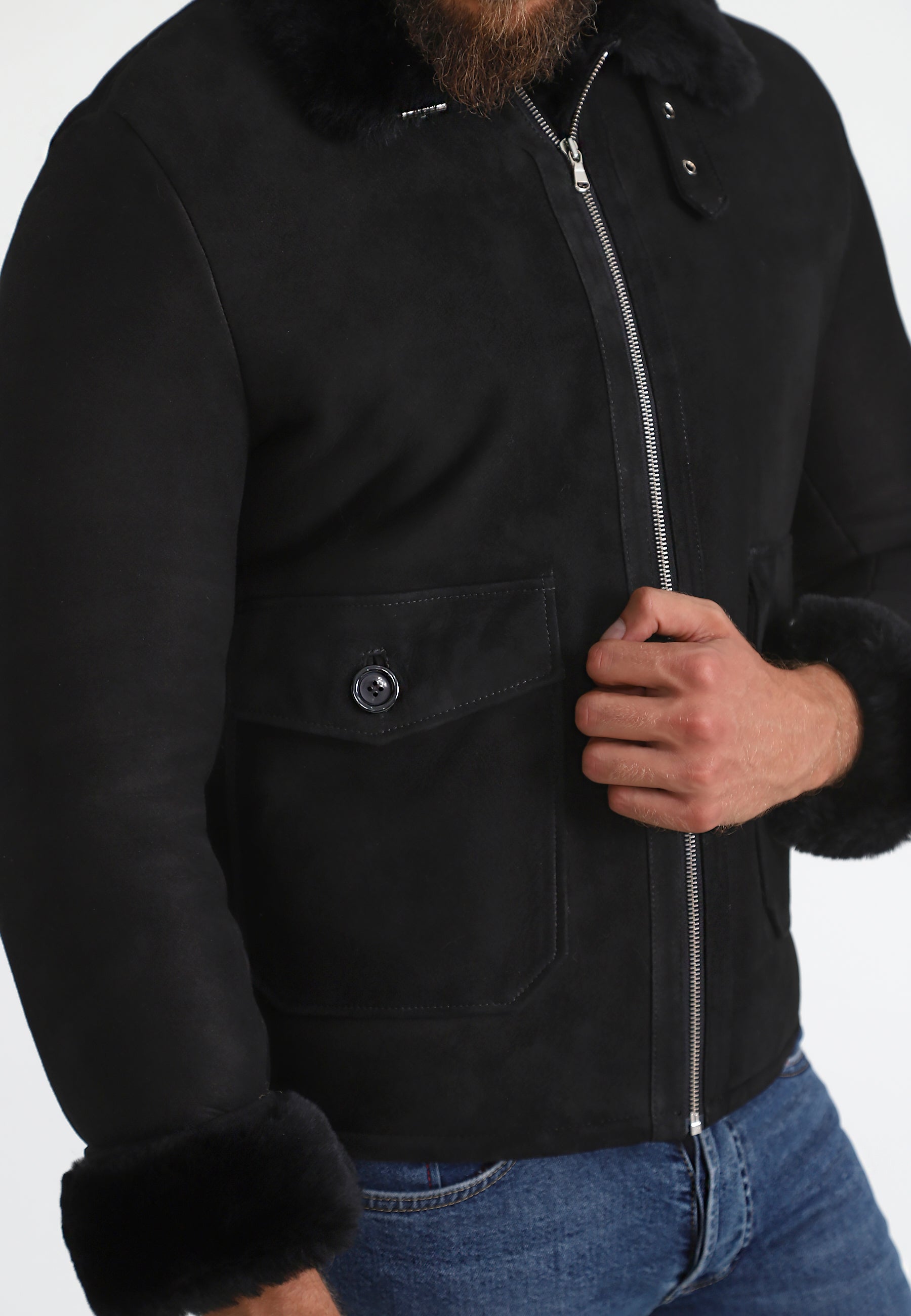 Men's Sheepskin Bomber Jacket, Black Suede with Black Wool