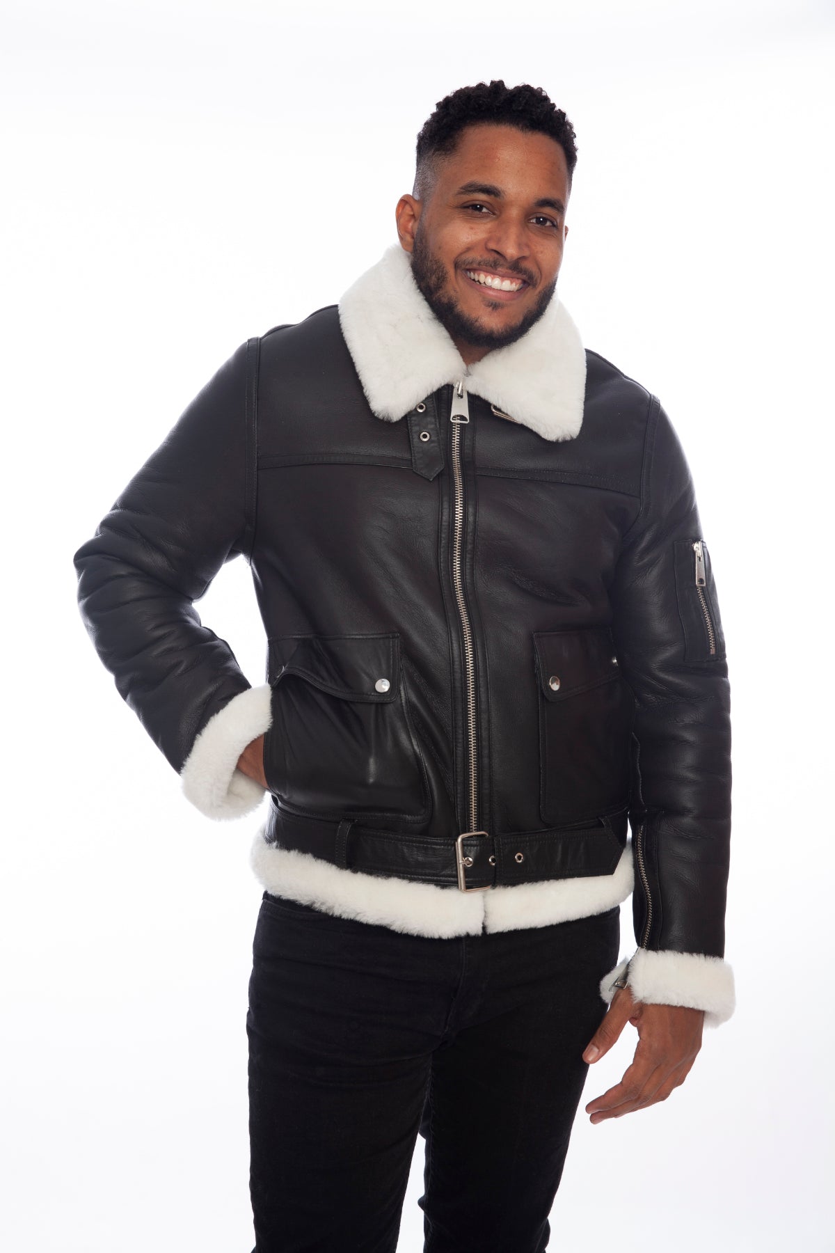 Men's Shearling Belted Pilot Jacket,  Silky Black with White Wool