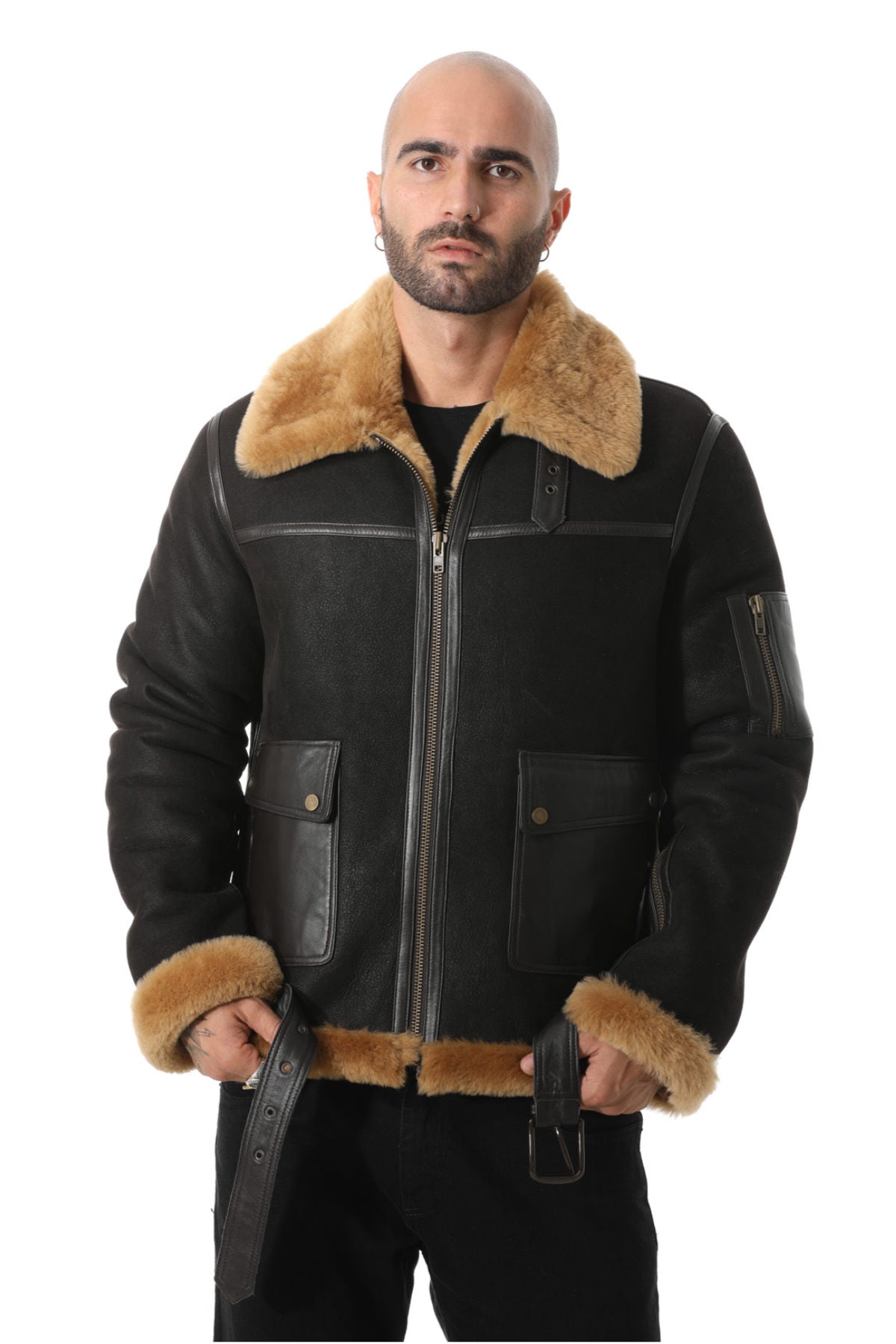 Men's Shearling Belted Pilot Jacket, Washed Brown with Ginger Wool