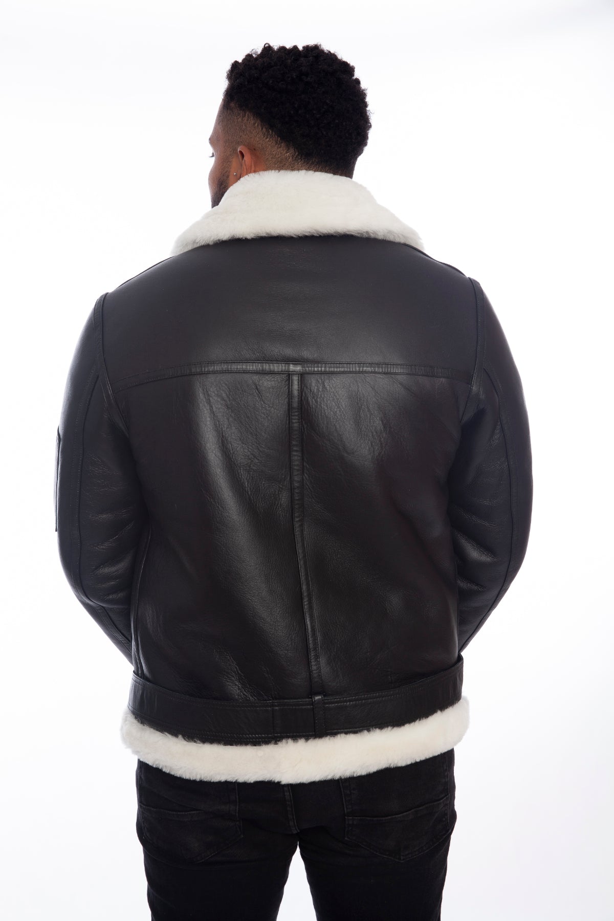 Men's Shearling Belted Pilot Jacket,  Silky Black with White Wool