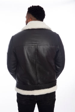 Image of Men's Shearling Belted Pilot Jacket,  Silky Black with White Wool