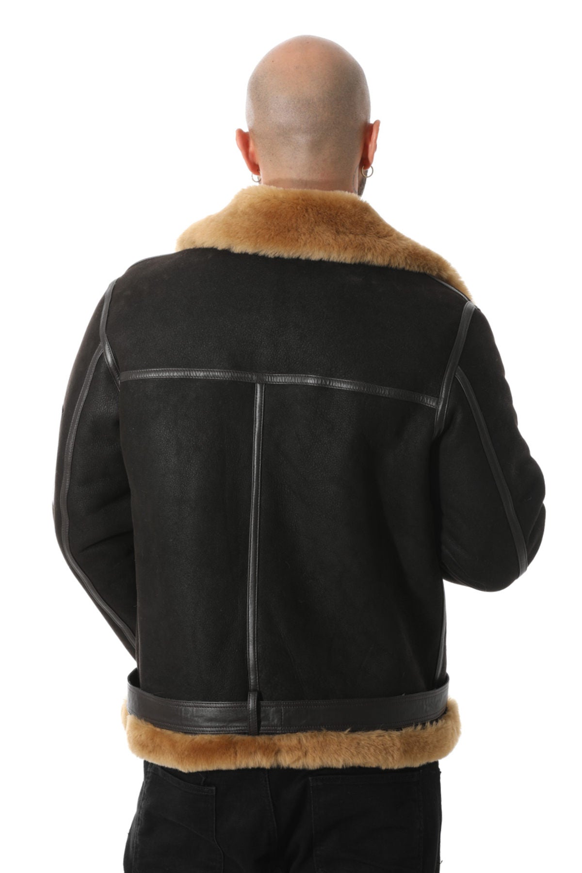 Men's Shearling Belted Pilot Jacket, Washed Brown with Ginger Wool