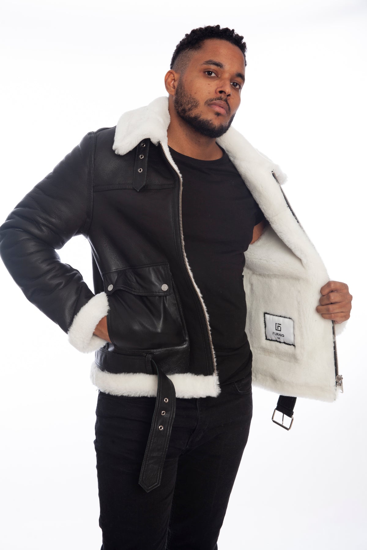 Men's Shearling Belted Pilot Jacket,  Silky Black with White Wool