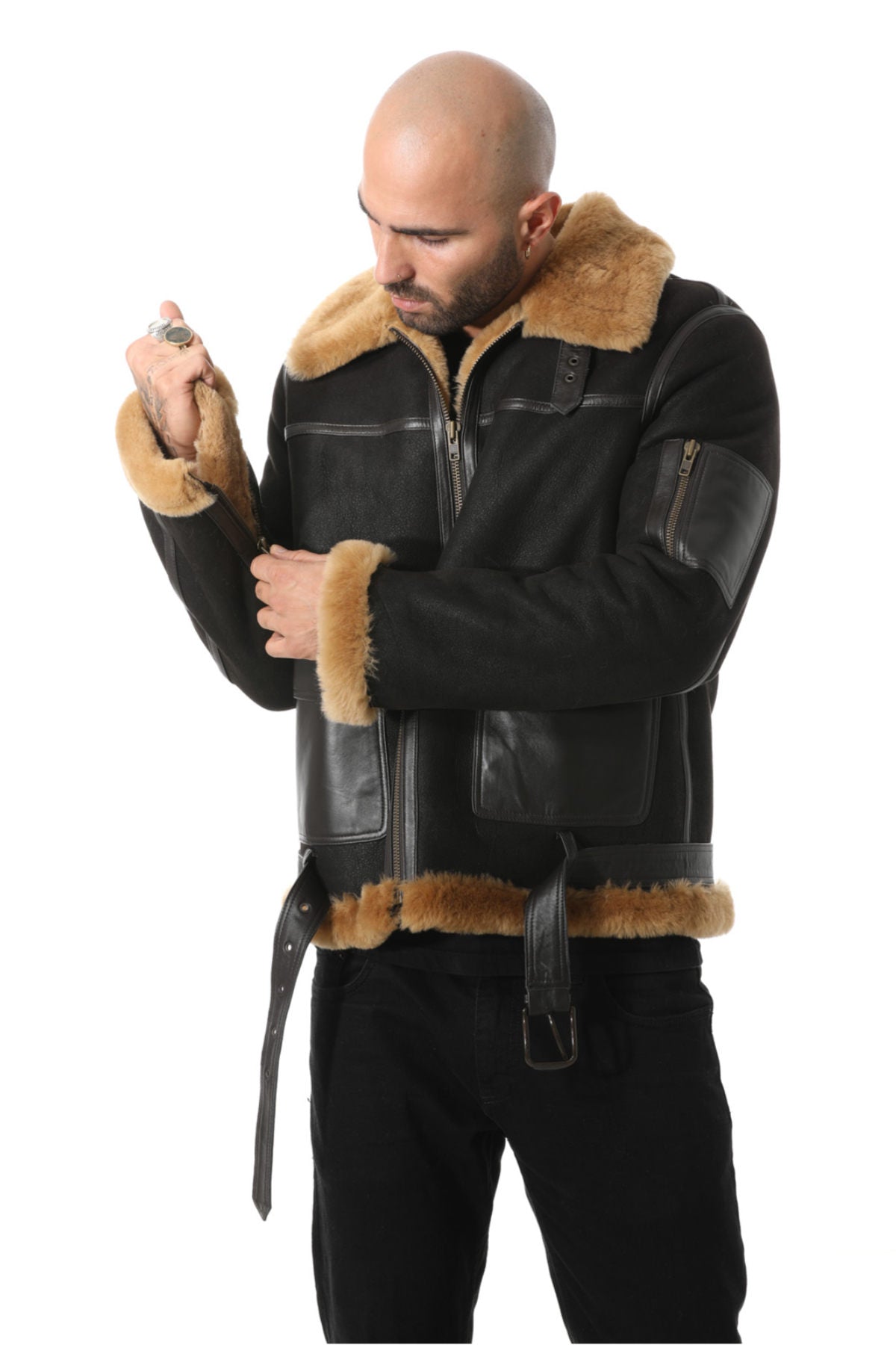 Men's Shearling Belted Pilot Jacket, Washed Brown with Ginger Wool