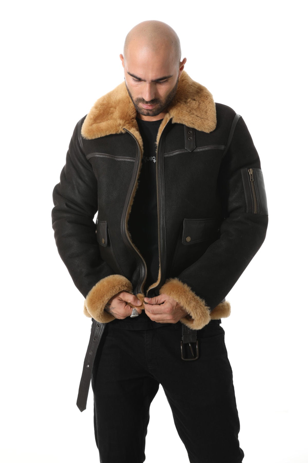 Men's Shearling Belted Pilot Jacket, Washed Brown with Ginger Wool