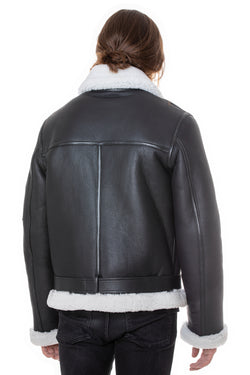 Image of Men's Shearling Belted Pilot Jacket, Silky Black with White Curly Wool