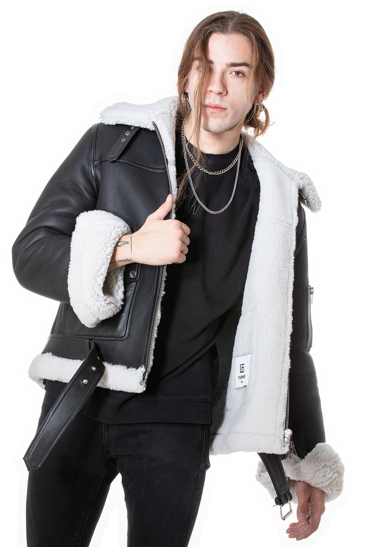 Men's Shearling Belted Pilot Jacket, Silky Black with White Curly Wool