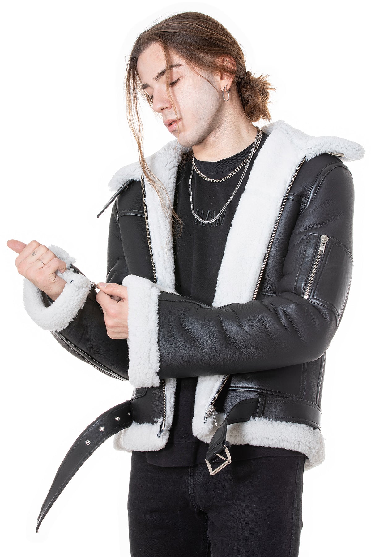 Men's Shearling Belted Pilot Jacket, Silky Black with White Curly Wool