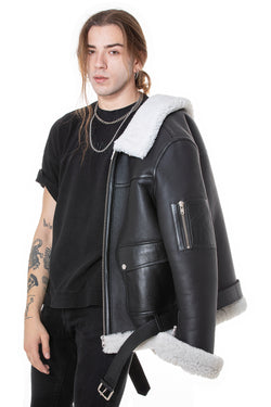 Image of Men's Shearling Belted Pilot Jacket, Silky Black with White Curly Wool