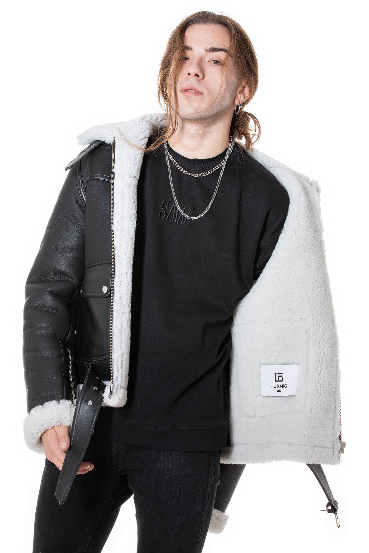 Men's Shearling Belted Pilot Jacket, Silky Black with White Curly Wool