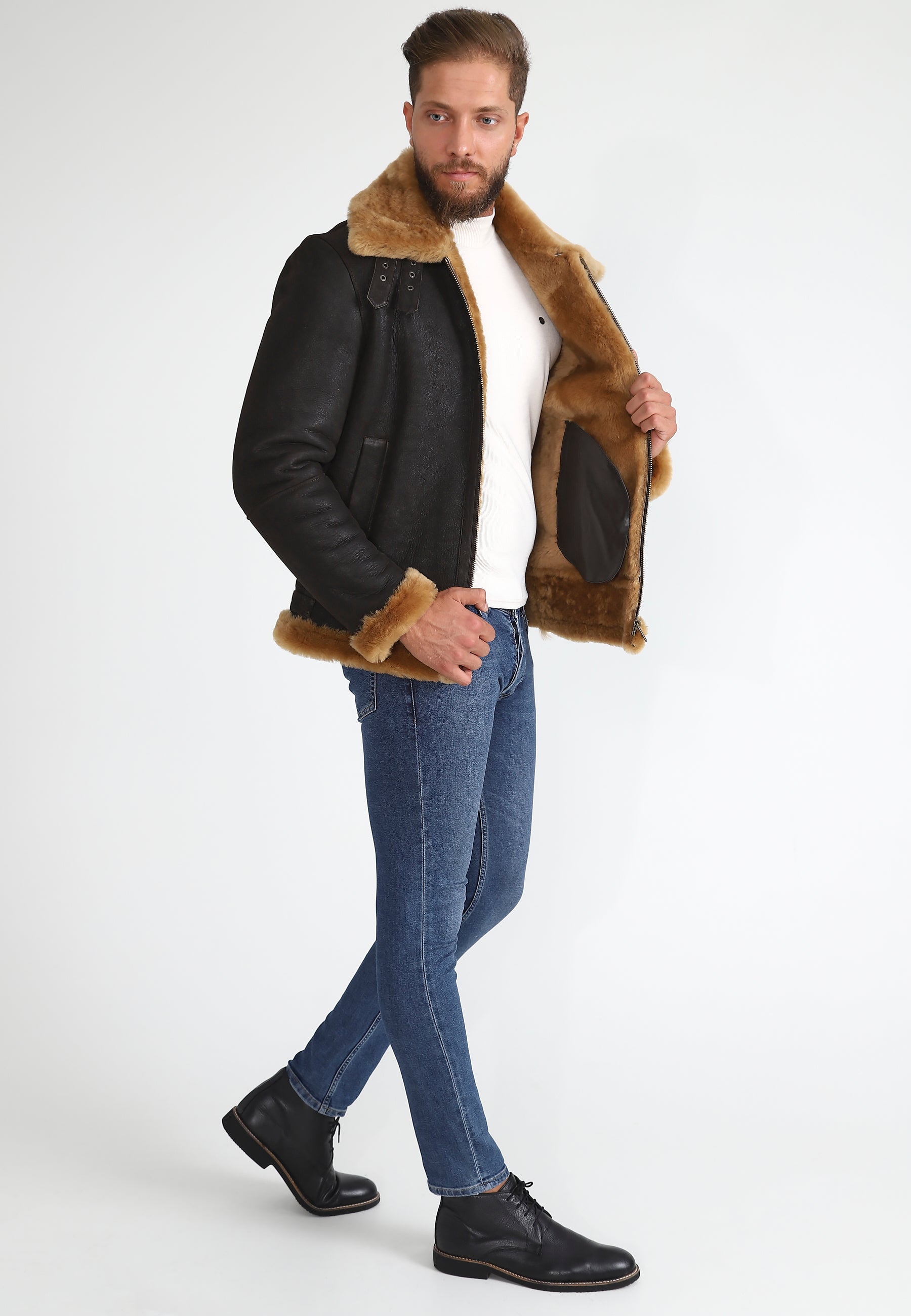 Men's Shearling RAF B3 Aviator Jacket, Washed Brown with Ginger Wool