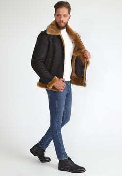 Image of Men's Shearling RAF B3 Aviator Jacket, Washed Brown with Ginger Wool