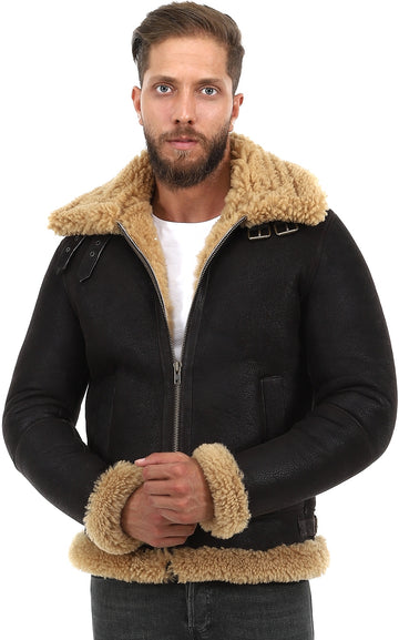 Men's Shearling RAF B3 Aviator Jacket, Washed Brown with Ginger Curly ...