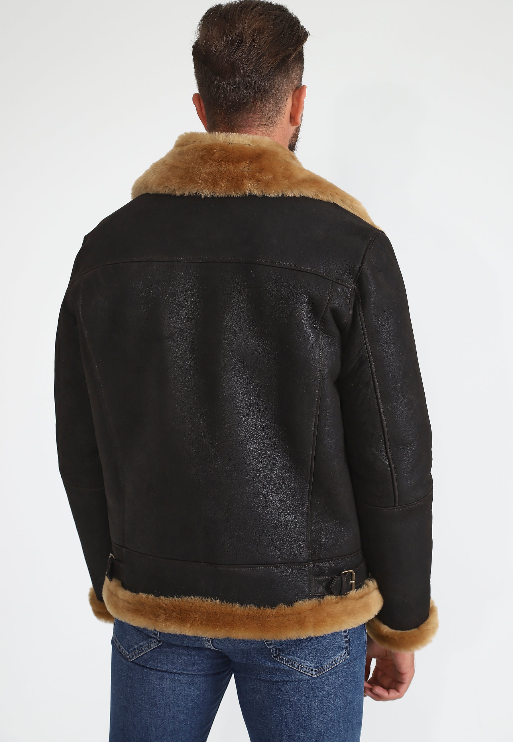 Men's Shearling RAF B3 Aviator Jacket, Washed Brown with Ginger Wool