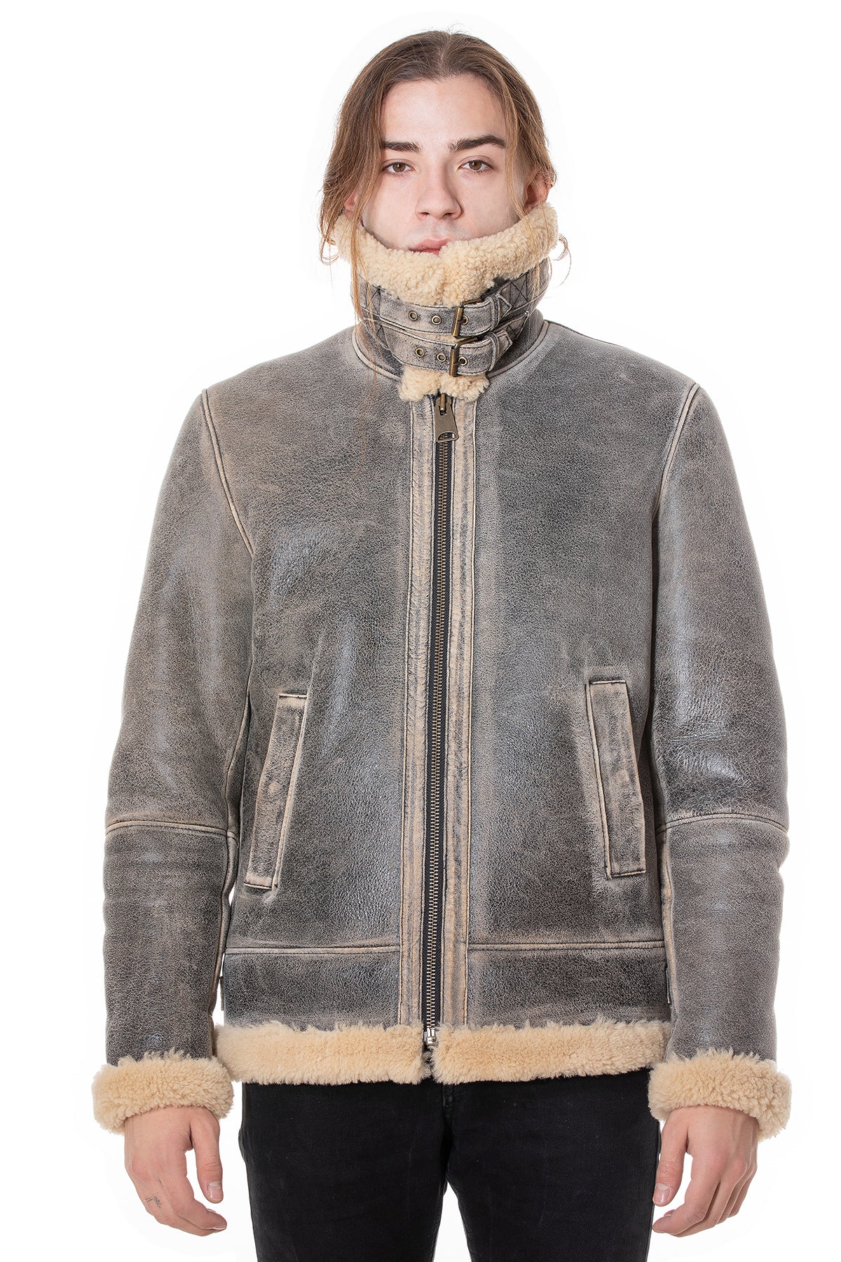 Men's Aviator Jacket, Distressed Grey with Beige Curly Wool