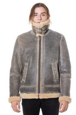 Image of Men's Aviator Jacket, Distressed Grey with Beige Curly Wool