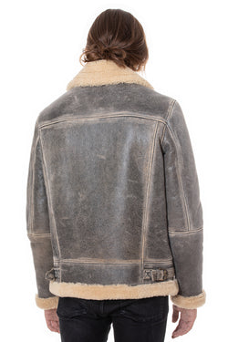 Image of Men's Aviator Jacket, Distressed Grey with Beige Curly Wool