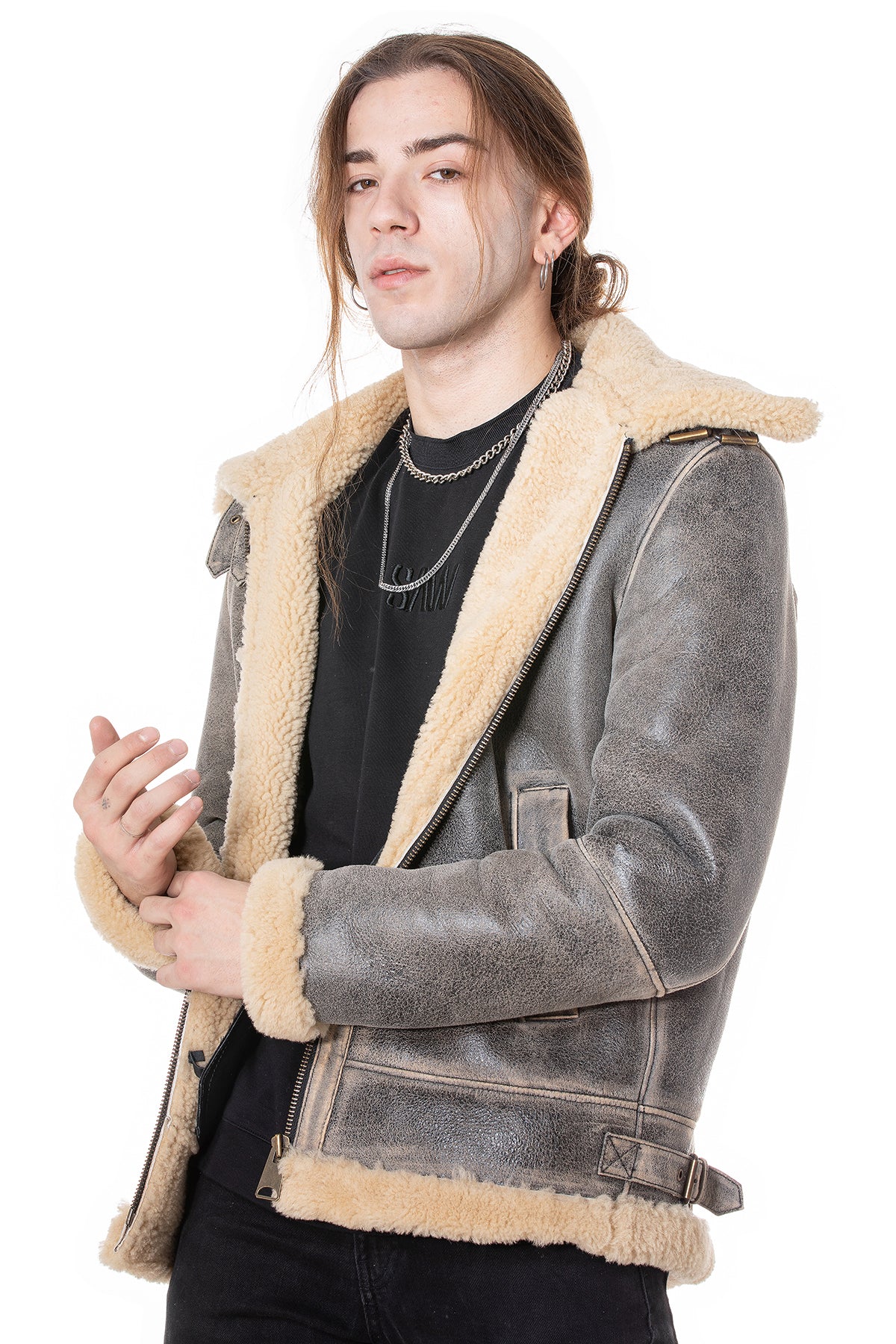 Men's Aviator Jacket, Distressed Grey with Beige Curly Wool