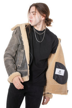 Image of Men's Aviator Jacket, Distressed Grey with Beige Curly Wool