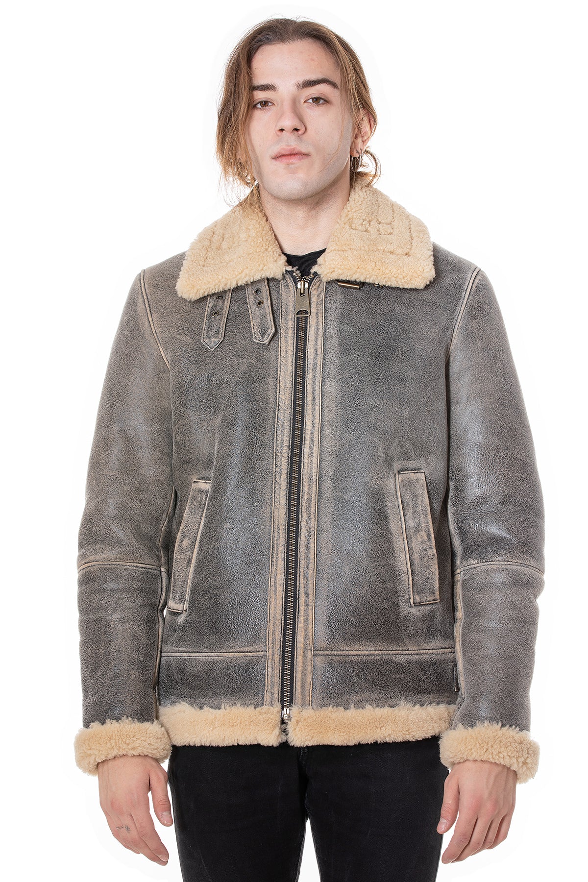 Men's Aviator Jacket, Distressed Grey with Beige Curly Wool