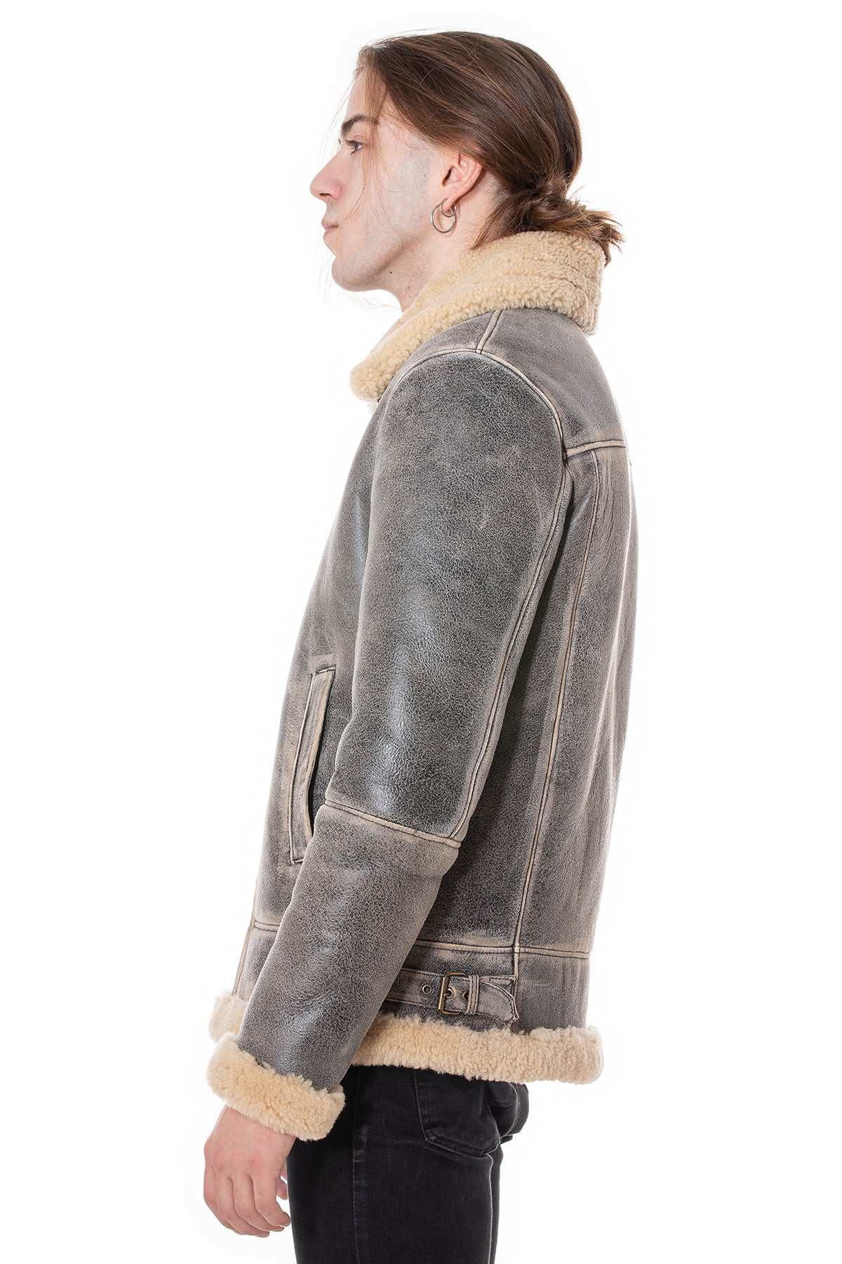 Men's Aviator Jacket, Distressed Grey with Beige Curly Wool