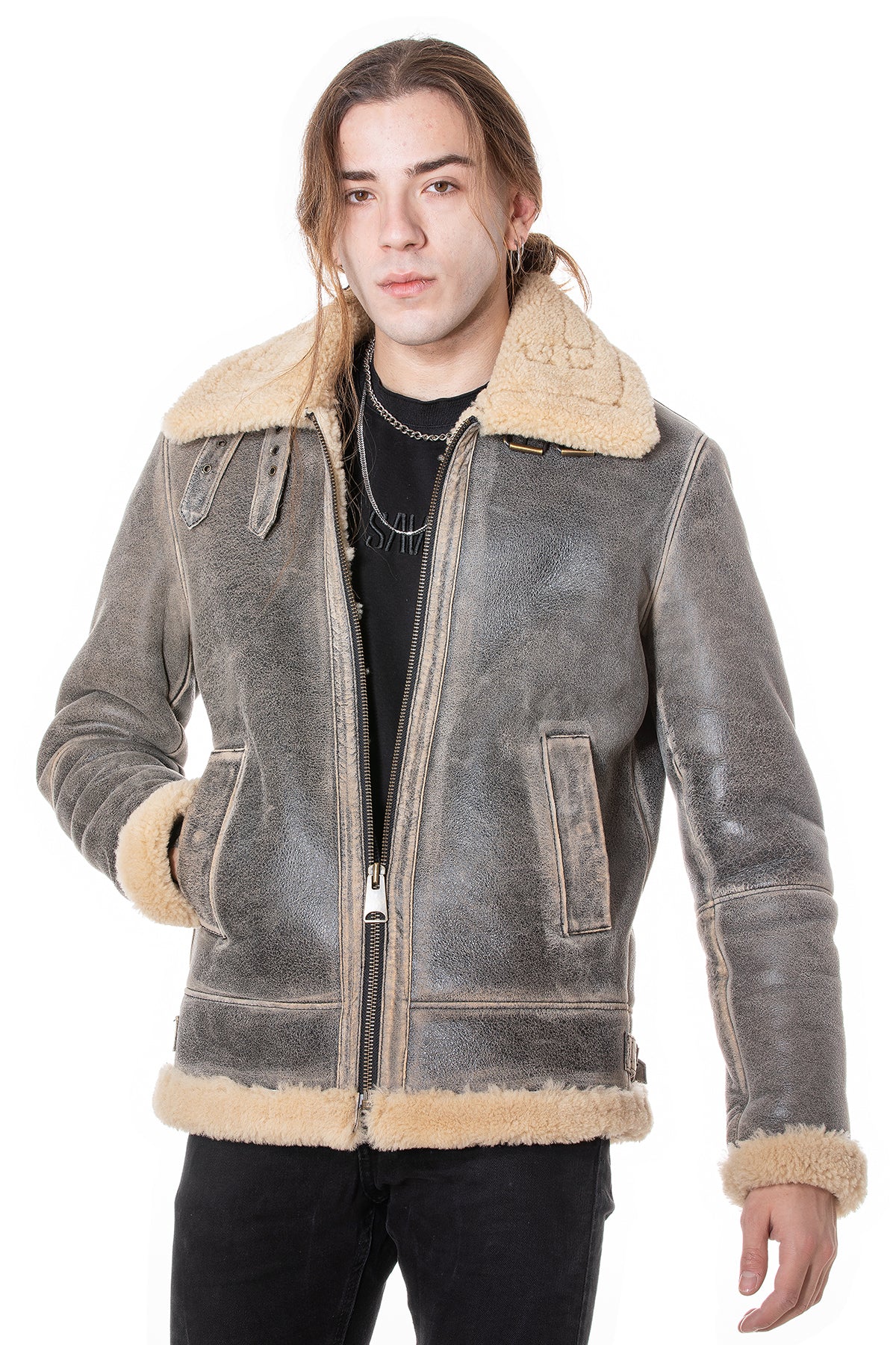 Men's Aviator Jacket, Distressed Grey with Beige Curly Wool