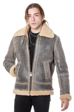 Image of Men's Aviator Jacket, Distressed Grey with Beige Curly Wool