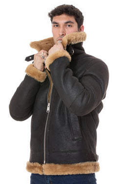 Image of Men's Shearling RAF B3 Aviator Jacket, Washed Brown with Ginger Wool