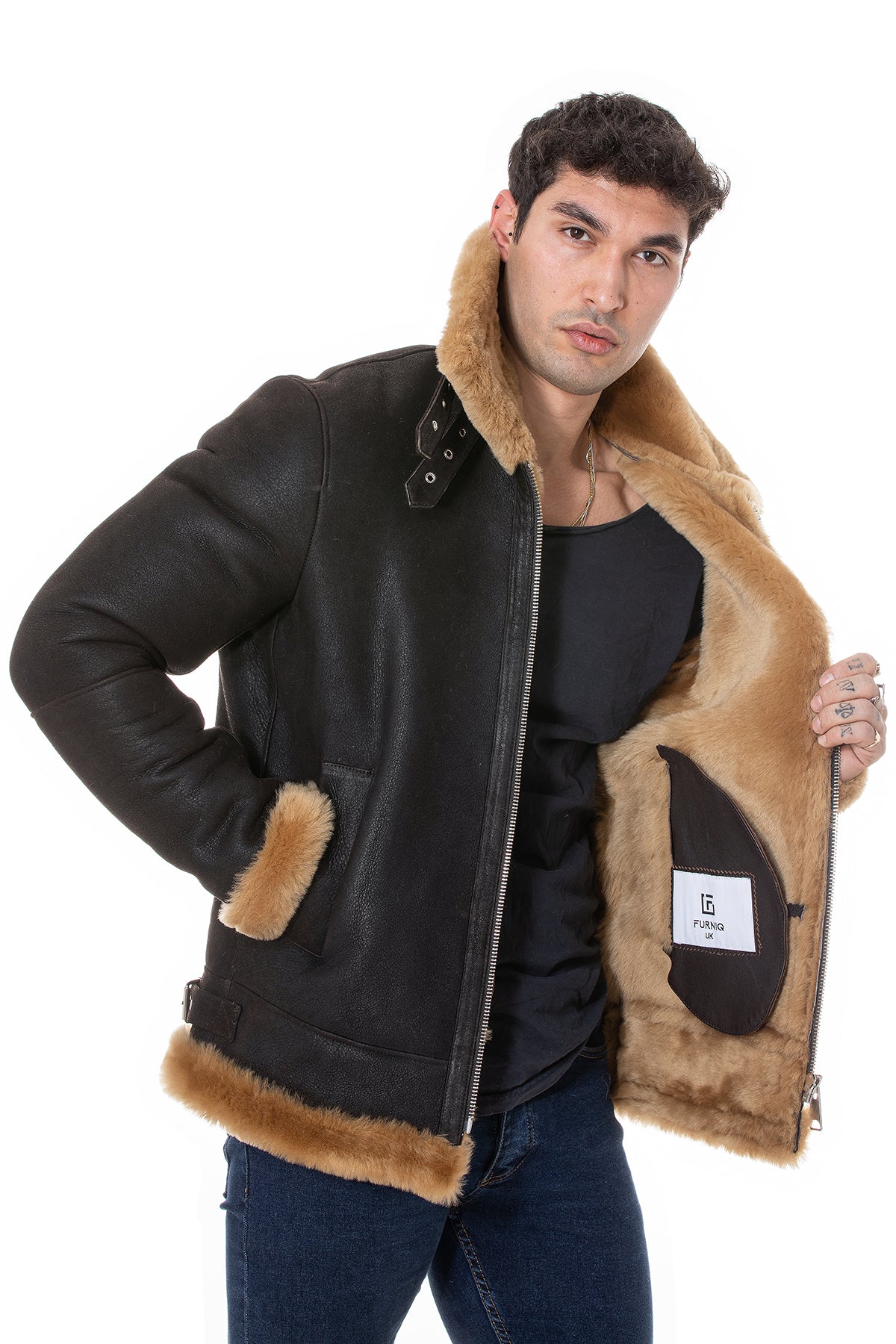 Men's Shearling RAF B3 Aviator Jacket, Washed Brown with Ginger Wool