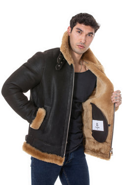 Image of Men's Shearling RAF B3 Aviator Jacket, Washed Brown with Ginger Wool