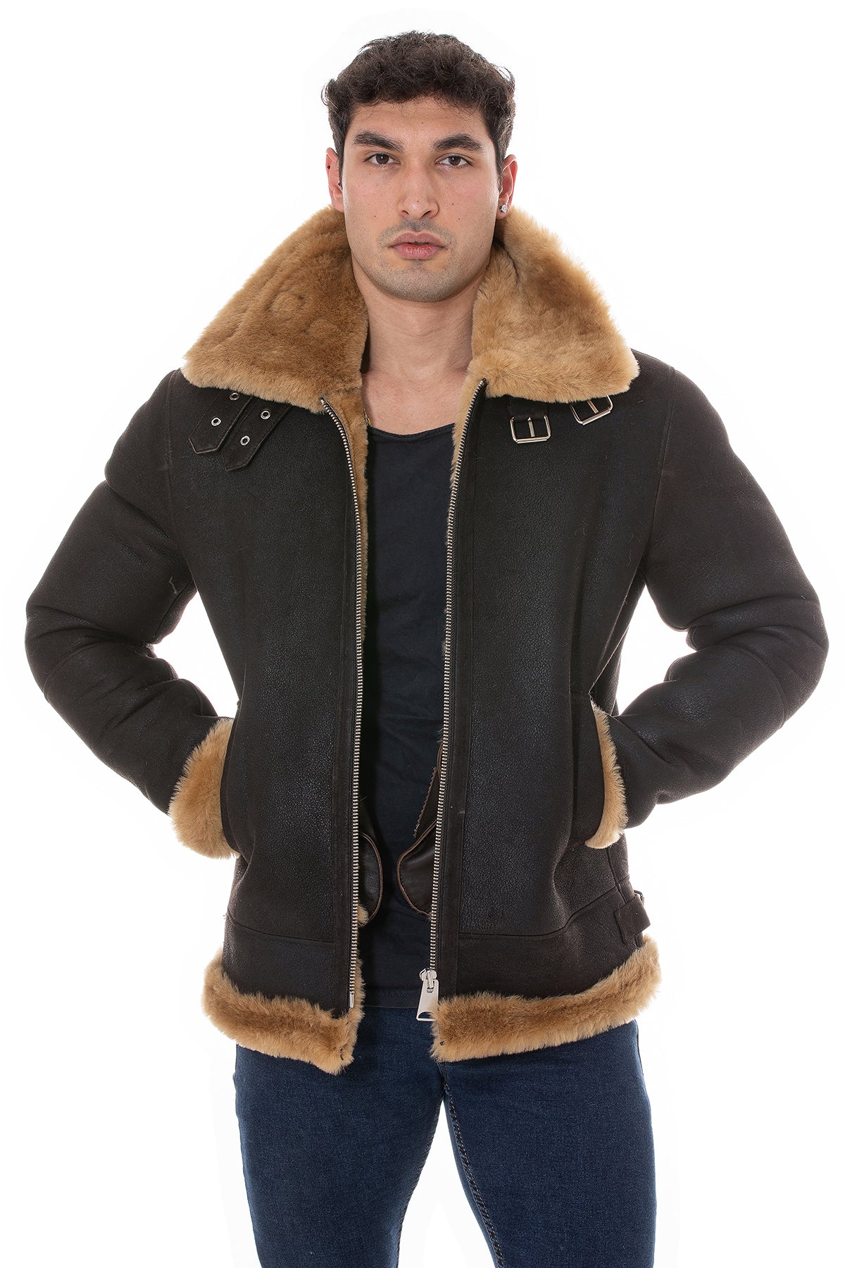 Men's Shearling RAF B3 Aviator Jacket, Washed Brown with Ginger Wool