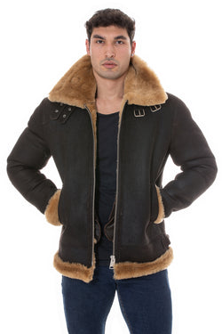 Image of Men's Shearling RAF B3 Aviator Jacket, Washed Brown with Ginger Wool