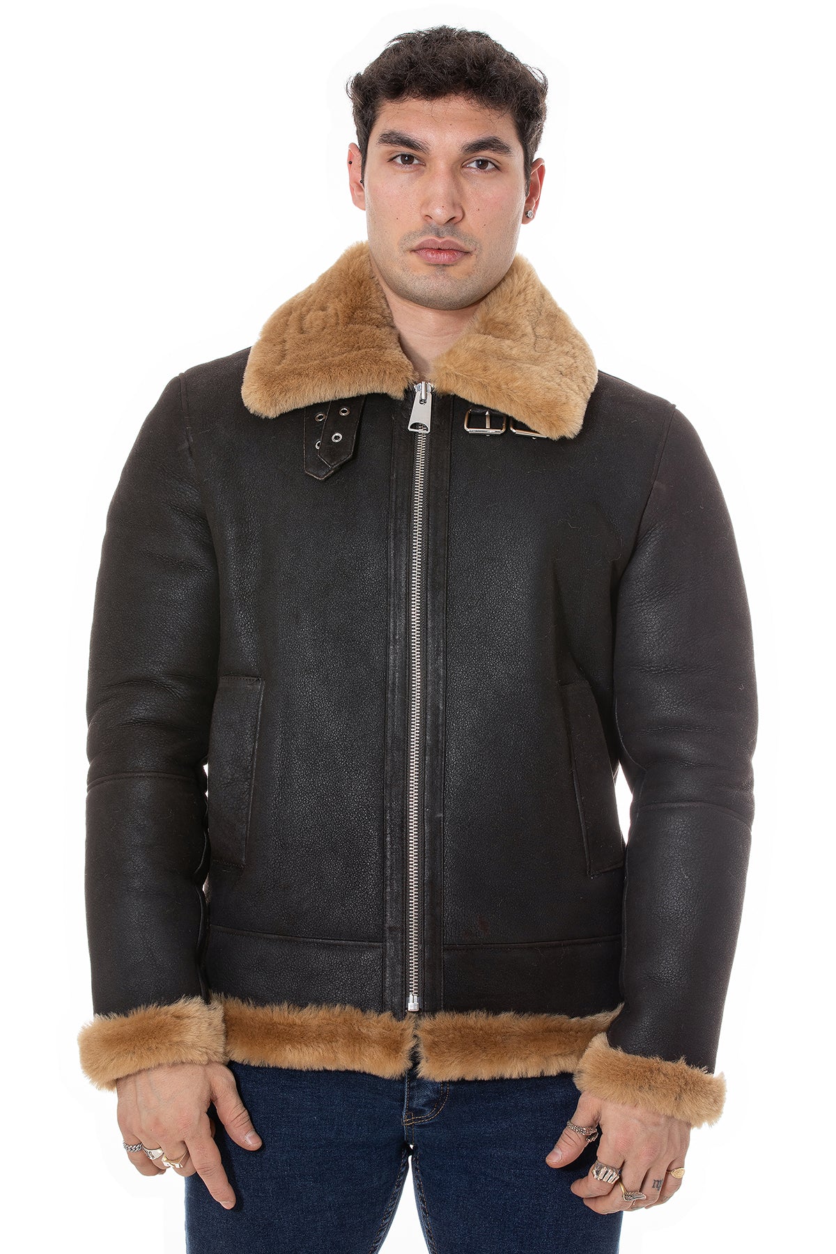 Men's Shearling RAF B3 Aviator Jacket, Washed Brown with Ginger Wool