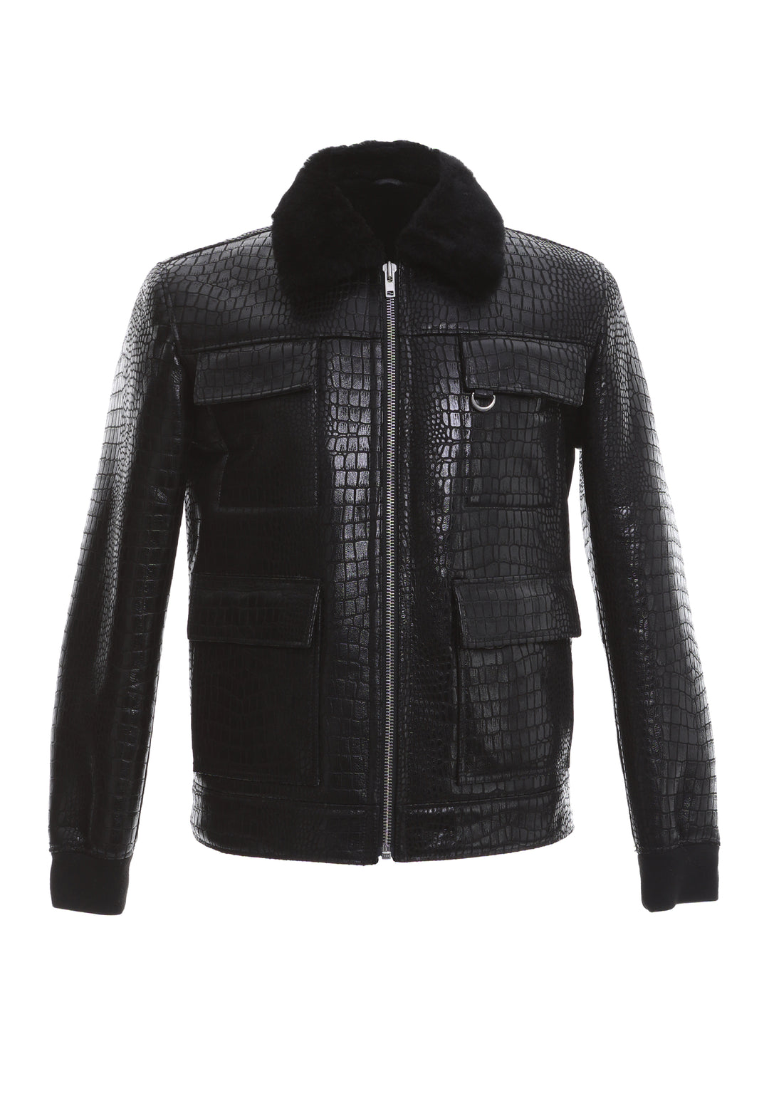Mens Shearling Bomber Jacket - Crocodile Black - Black Wool - 1